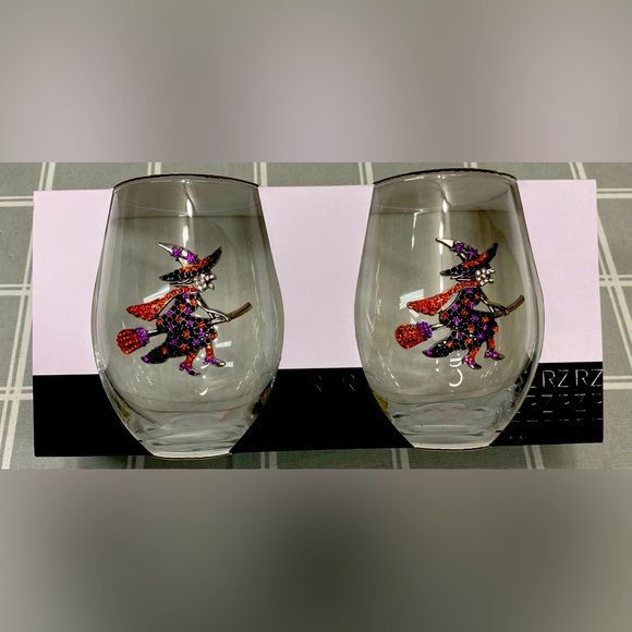 NIB Halloween Witch Set of 2 Stemless Wine Glasses 18.26 oz Rhinestones Bling - Picture 1 of 5